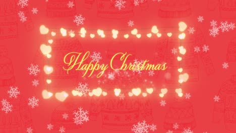 snowflakes falling over happy christmas text on fairy light frame on red background