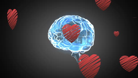 animación de los iconos del corazón sobre el cerebro