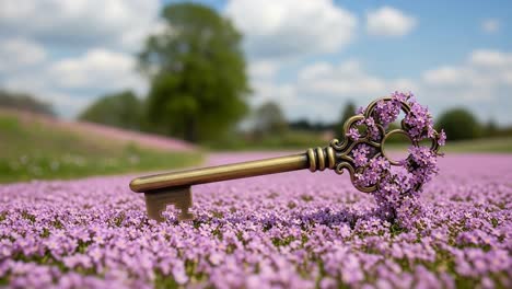 A Beautifully Crafted Vintage Key Surrounded by a Lush Field of Purple Flowers, Symbolizing Nature&#039;s Beauty and the Mysteries of the Unknown
