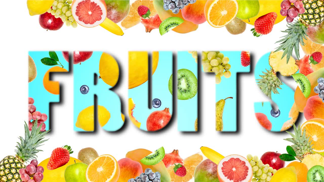 varias frutas que aparecen y desaparecen en un fondo azul en forma de la palabra fruta, aisladas en blanco. creativa divertida colorida animación de bucle 4k. plantilla para un estandarte.