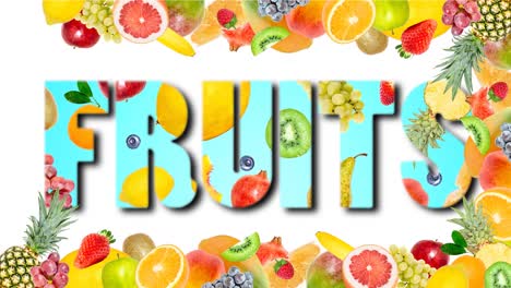 various fruits appearing and disappearing on a blue background in the form of the word fruit, isolated on white. creative funny colorful 4k loop animation. template for a banner.