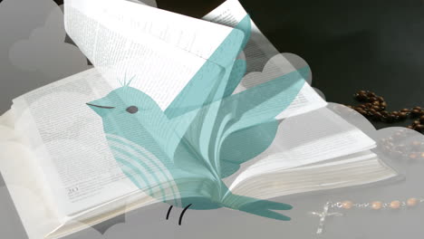 animación de pájaro azul sobre libro y rosario