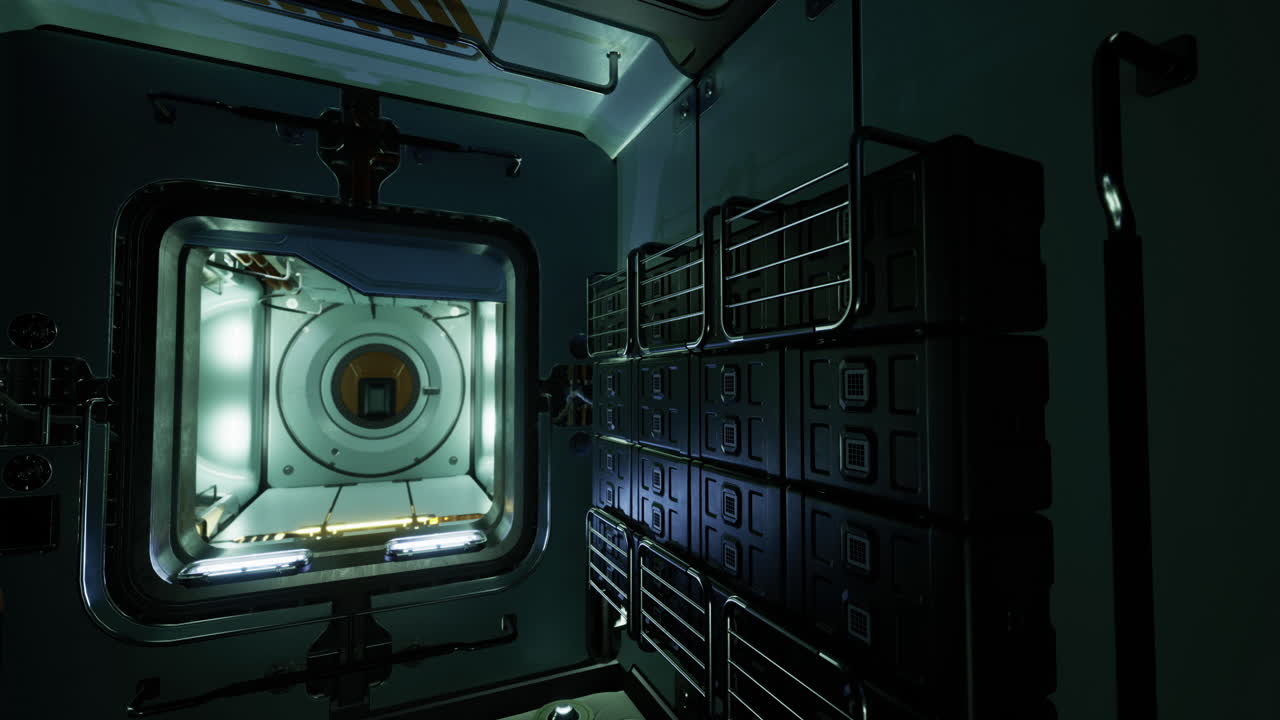 Interior view of a futuristic spacecraft module in low light