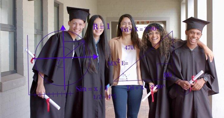 Mentore a braccetto con i laureati nel corridoio mentre una sovrapposizione matematica viola svanisce rivelando equazioni e angoli
