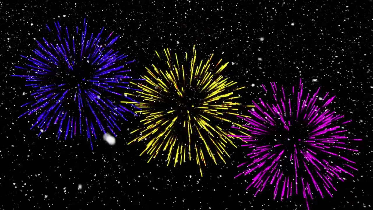 Animation of fireworks text over snow falling