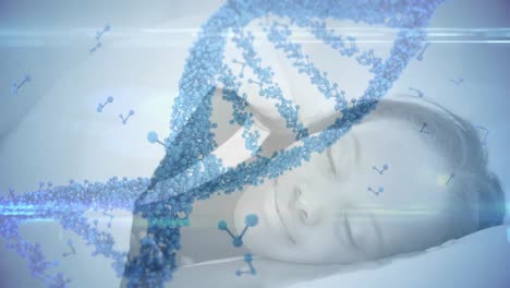animation of dna strand spinning and molecules over sleeping woman
