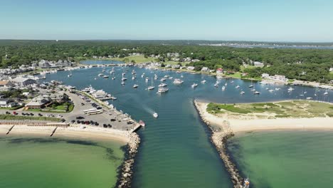 drone shot of the oak bluffs marina in massachusetts on a sunny day