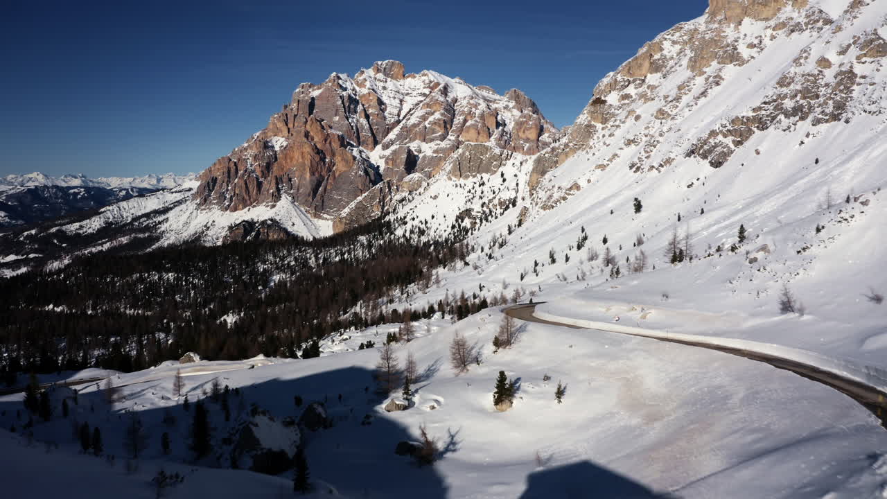 Snowy Dolomites Mountain Road in Winter