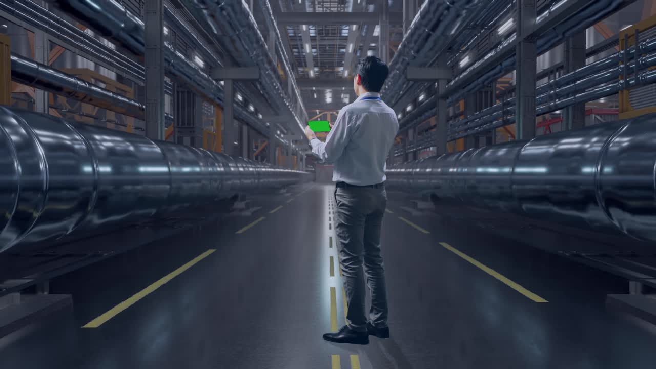 Full Body Back View Of An Asian Male Professional Worker Standing With Green Screen Smartphone With Metal Pipes, Industrial Facility