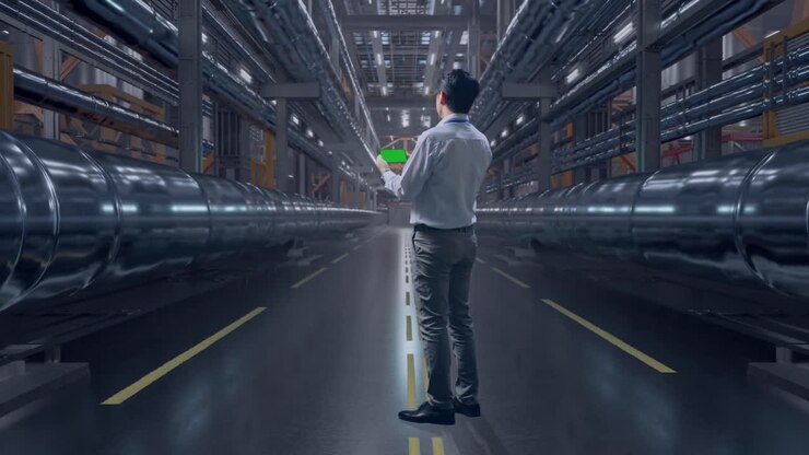 Full Body Back View Of An Asian Male Professional Worker Standing With Green Screen Smartphone With Metal Pipes, Industrial Facility