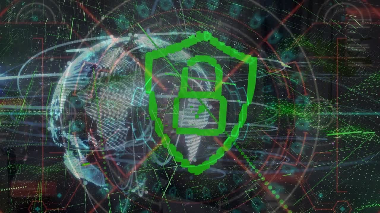Animation of digital padlock and shield, globe and lines