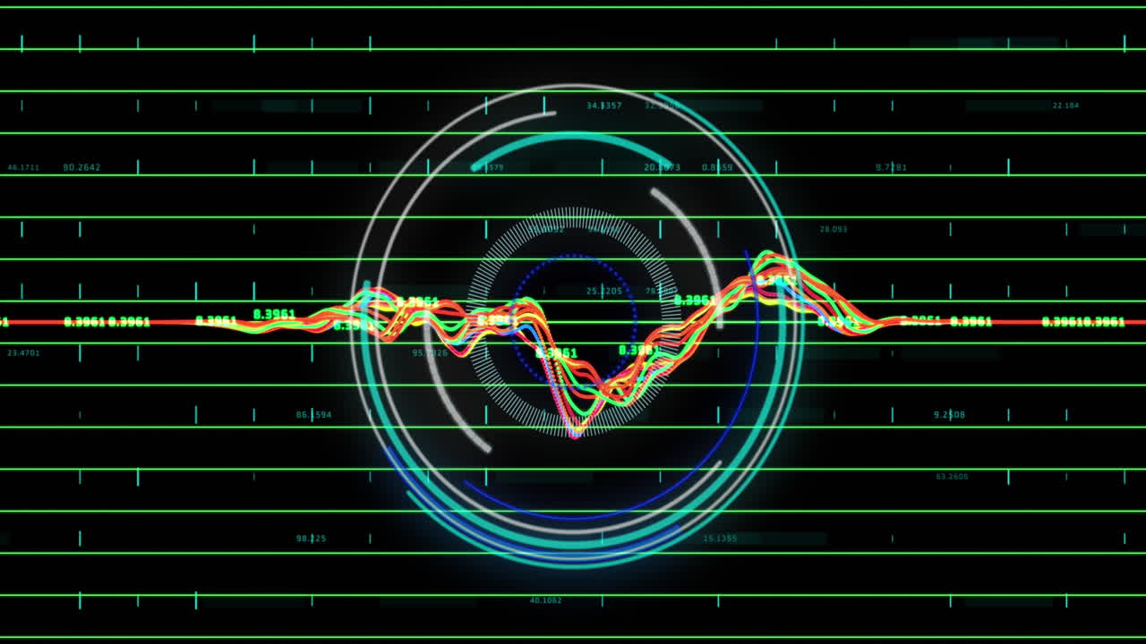 검은 바탕 위의 범위 스캐닝과 금융 데이터 처리의 애니메이션
