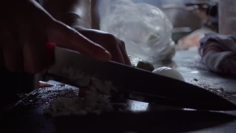 slow motion shot of a chef cutting and dicing an onion ready to be cooked