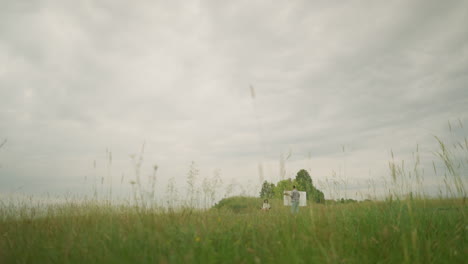 a genius artist, wearing a hat and checkered shirt, is intently focused on painting on a board in the middle of a lush grass field under a cloudy sky. nearby, a woman sits comfortably on a chair