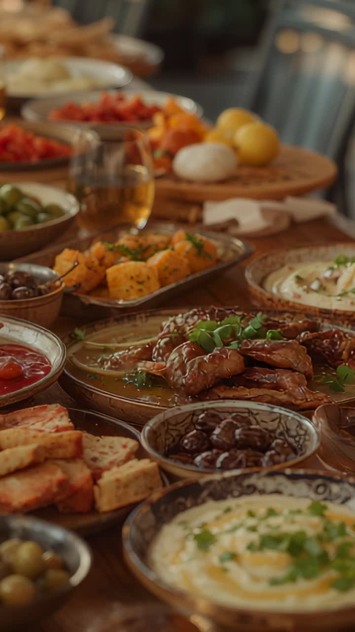 Vertical video: Starting camera pan following wooden table at home showing meat and amber drink