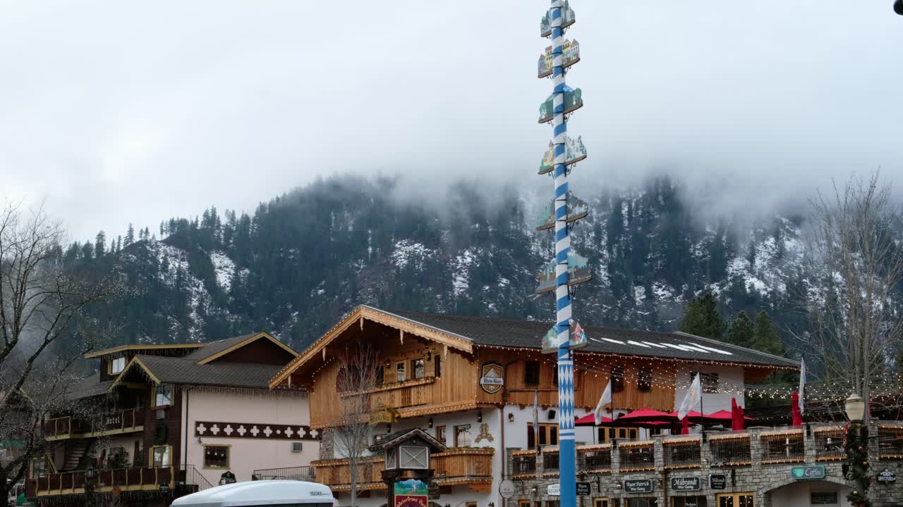 The traditionally German decorated alpine town of Leavenworth in the Cascade Mountains of the United States. A short drive from Seattle, Washington - Panning Left