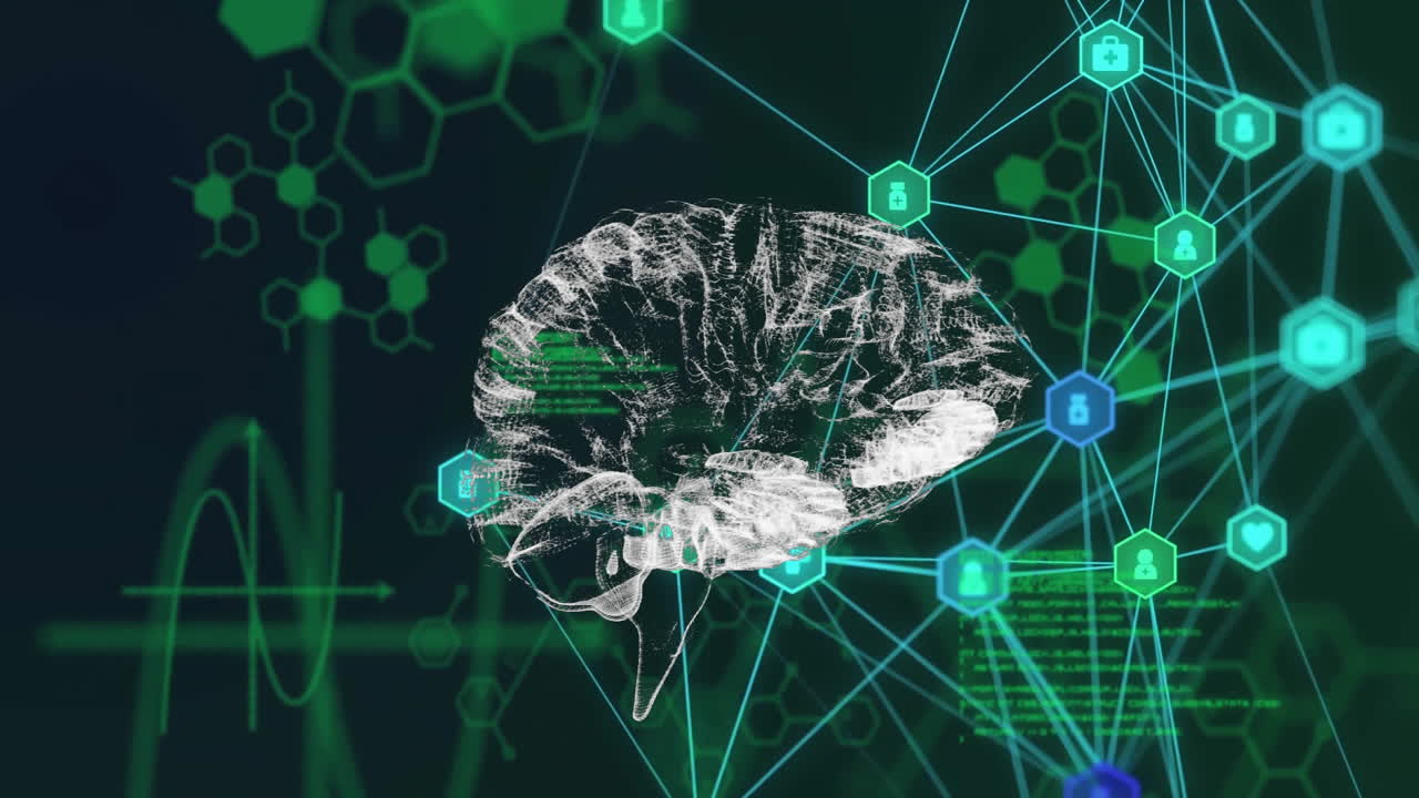 animación del procesamiento de datos científicos y conexiones sobre el cerebro humano