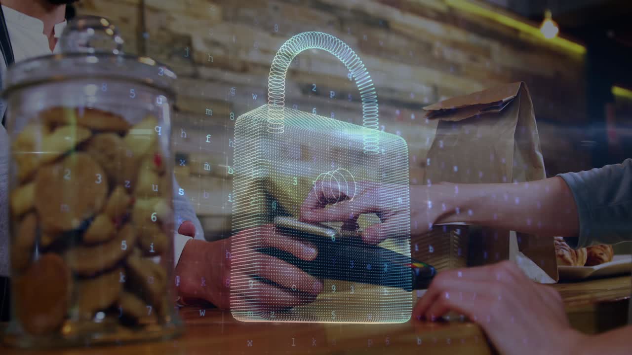 animación del candado de seguridad de la red sobre las personas que utilizan el terminal de pago