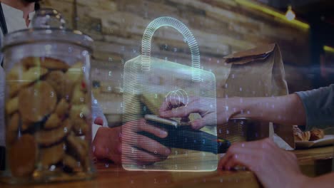 animation of network security padlock over people using payment terminal
