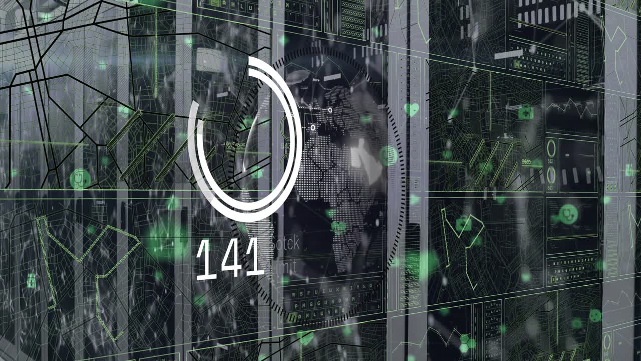 animación de círculos de carga, globo, lenguaje informático, puntos conectados e íconos sobre la sala del servidor