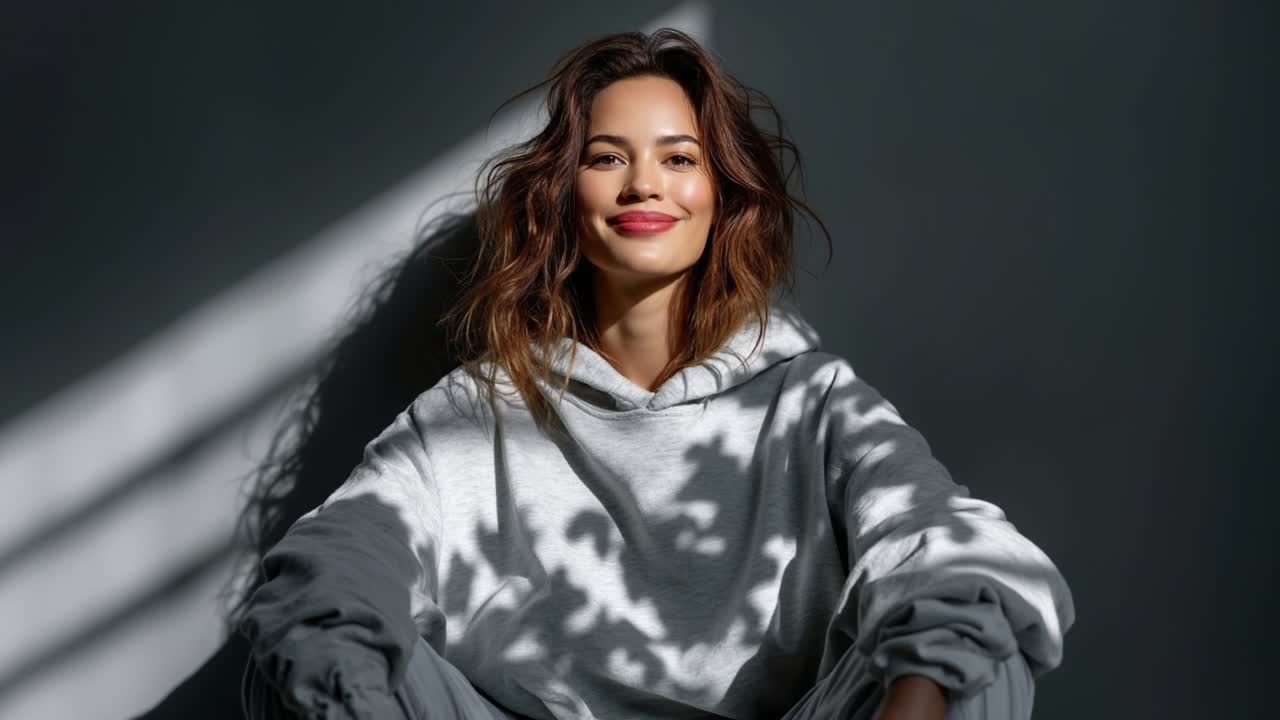 Young beautiful woman wearing grey hoodie sitting in dramatic sunlight and shadow of plants