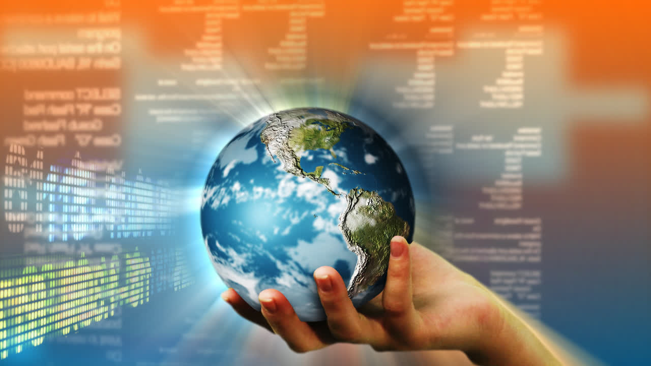 mano humana sosteniendo la tierra contra el fondo del mercado de valores