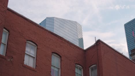 Low-angle-view-of-buildings-in-downtown-Houston,-Texas