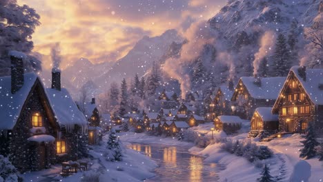 snow is gently falling on a cozy village nestled in the snowy mountains, illuminated by the warm glow of sunset, creating a picturesque winter wonderland
