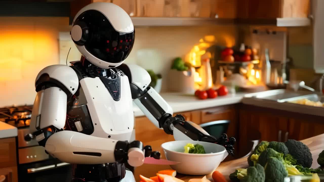 un robot preparando comida en una cocina con un plato de verduras