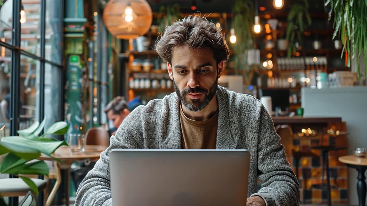 Man Working on Laptop in a Cafe