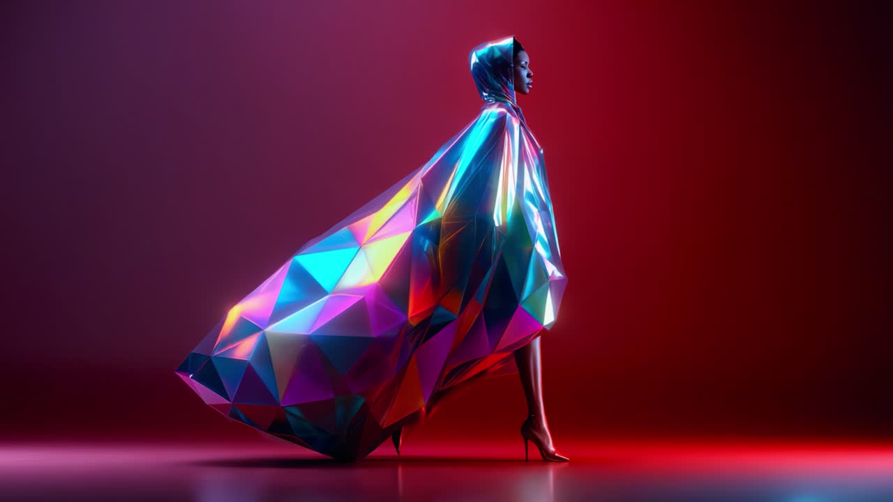 Denne fascinerende fremvisning af moderne kunst byder på en slående visuel oplevelse med en figur iført en levende, mangefacetteret hættekappe, der fanger essensen af nutidigt modedesign, belyst af dynamisk belysning.