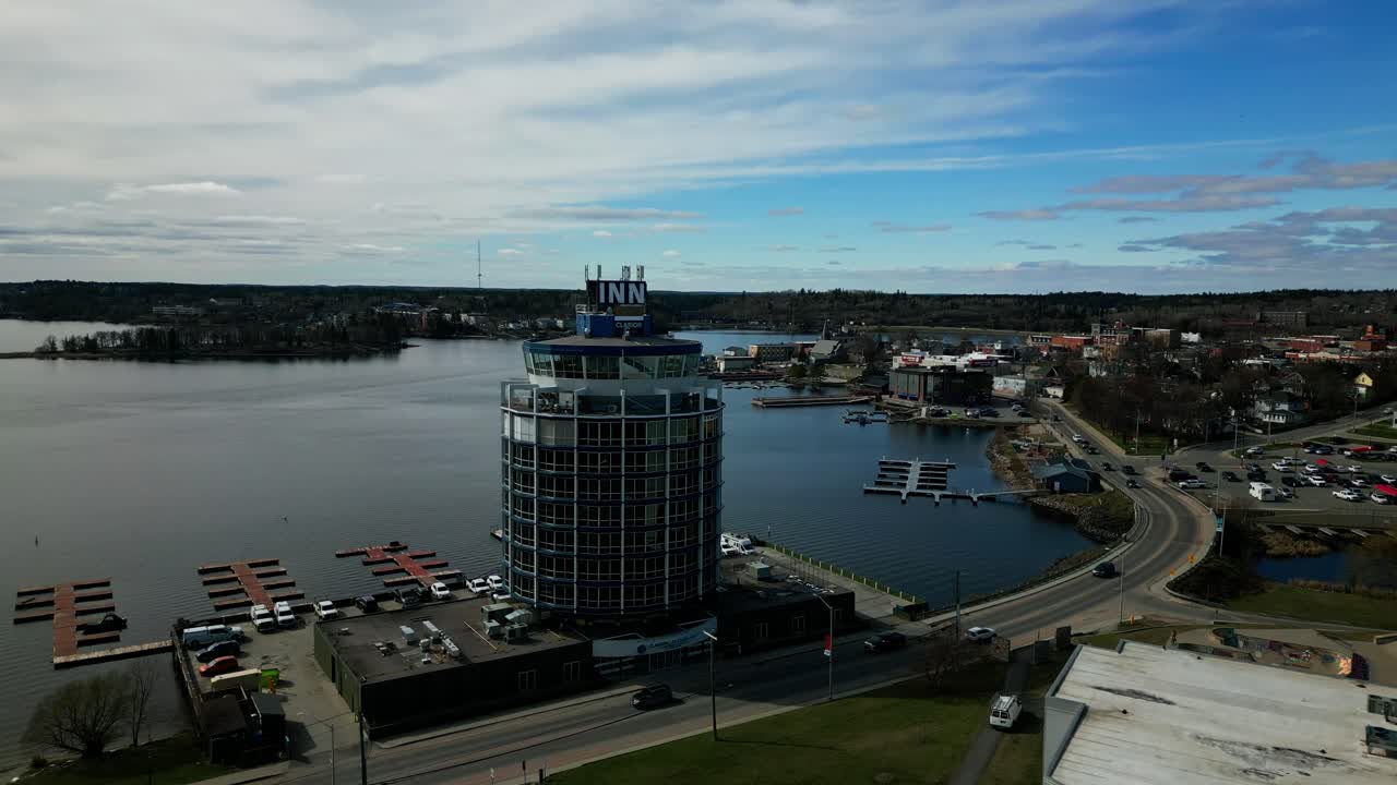 Aerial View of a Waterfront Hotel in a Small Town