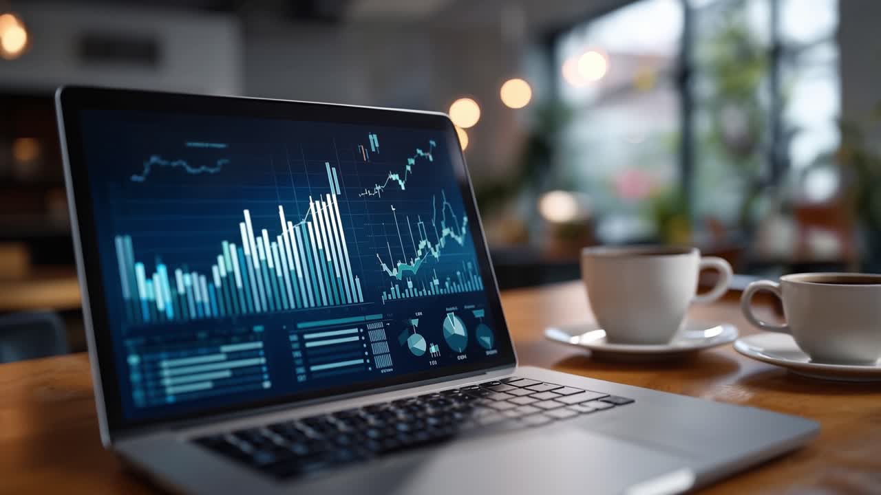 Analyserer datatrender: Nærbilde av en bærbar skjerm som viser finansielle diagrammer og grafer, med kaffekopper i et koselig arbeidsmiljø.