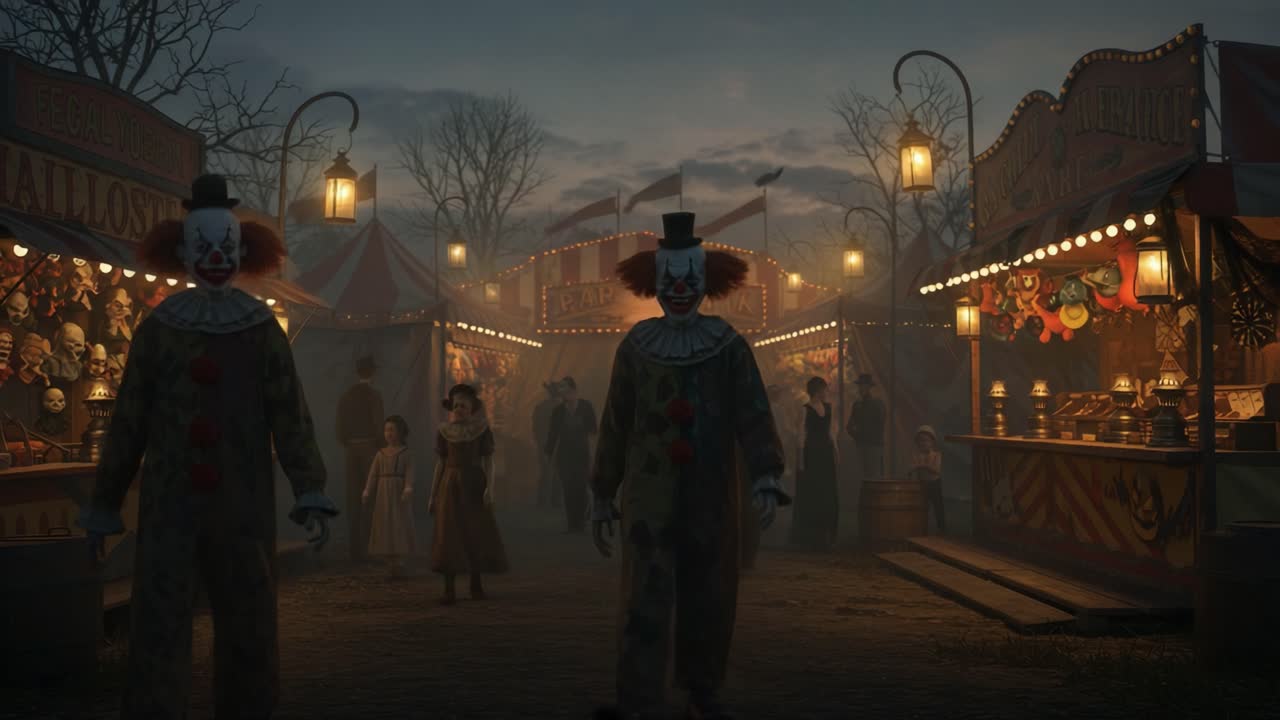 En isnende aften i det gådefulde karneval: En hjemsøgende scene med klovne midt i dæmpet belyste boder og en uhyggelig atmosfære, indhyllet i mystik og intriger.