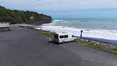 forward drone view of freedom camping in a self sufficient campervan in new zealand