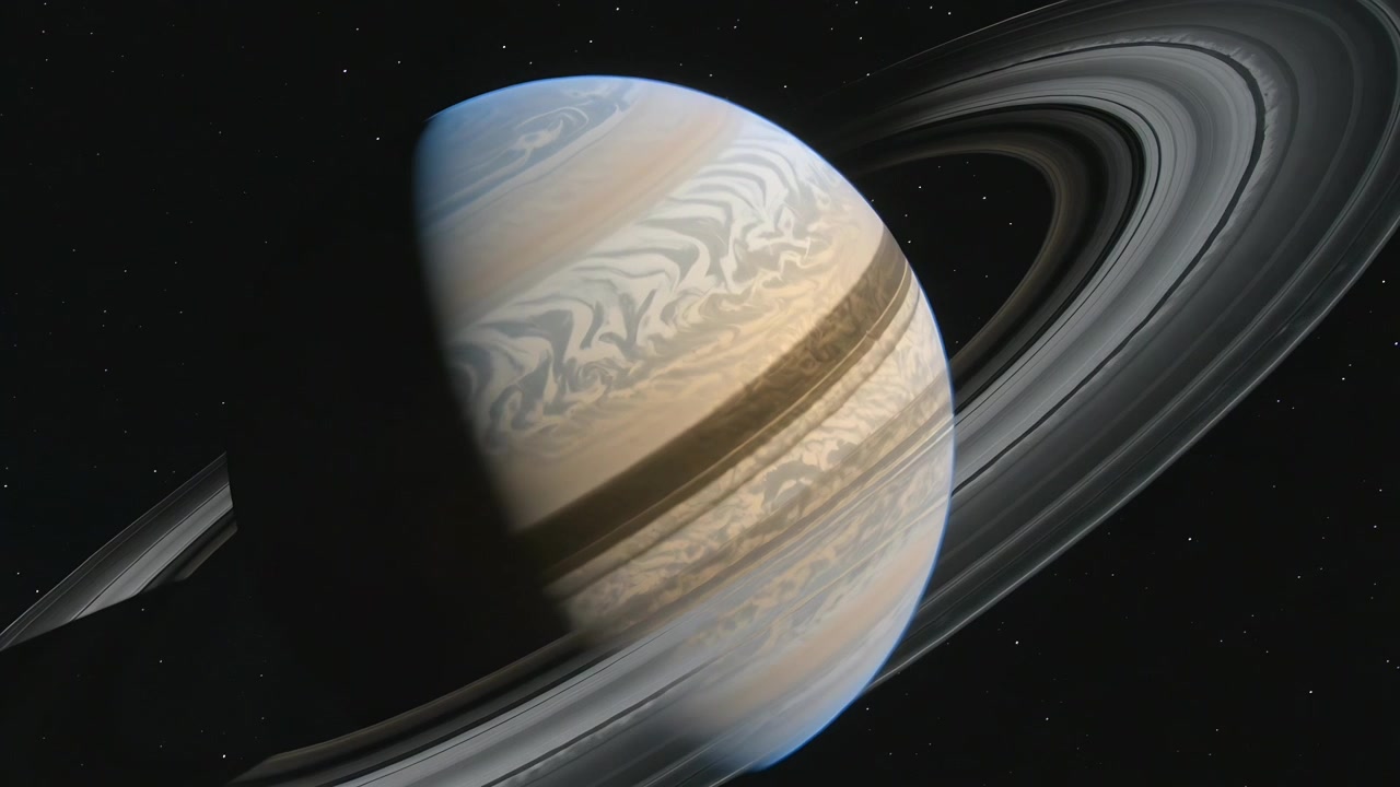 Turning gas giant showing rings, clouds, terminator shift in space, from slow spin and view shift