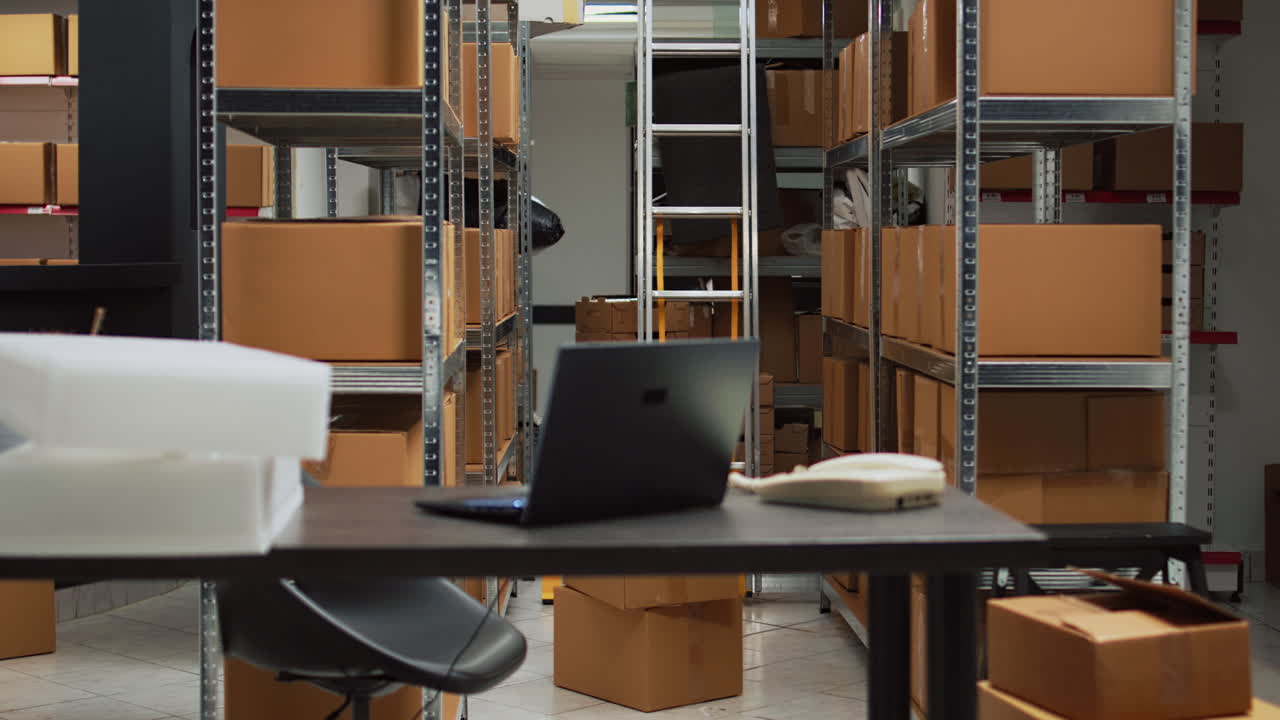 Warehouse storage with cardboard boxes and ladder