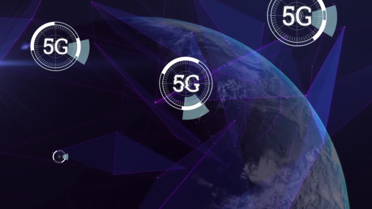 texto de 5g sobre múltiples escáneres redondos y red de plexo contra un globo giratorio sobre fondo azul