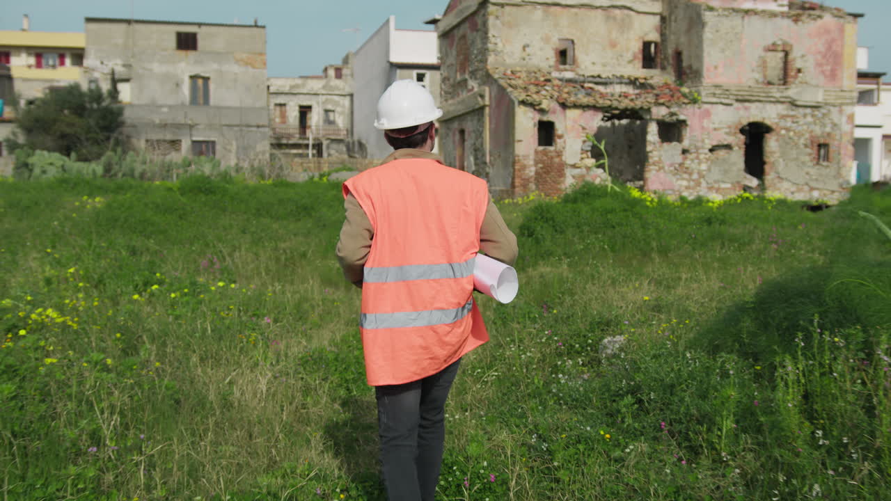 Architect Walking On The Grass Arriving At The Construction Site
