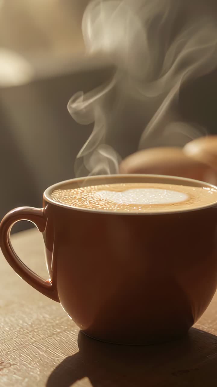 Vertical video: Emitting steam from hot latte brown cup with foam on sunlit tabletop, hand hovering