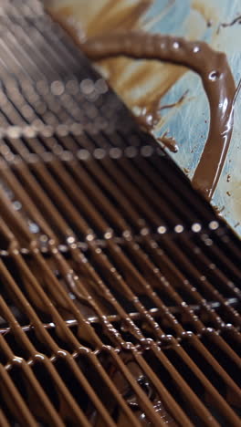 manufacturing of marshmallows at the confectionery factory. marshmallows just covered with chocolate move along the conveyor. close up. vertical video