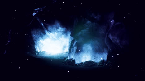 glowing crystal formation in a dark cave environment at nighttime