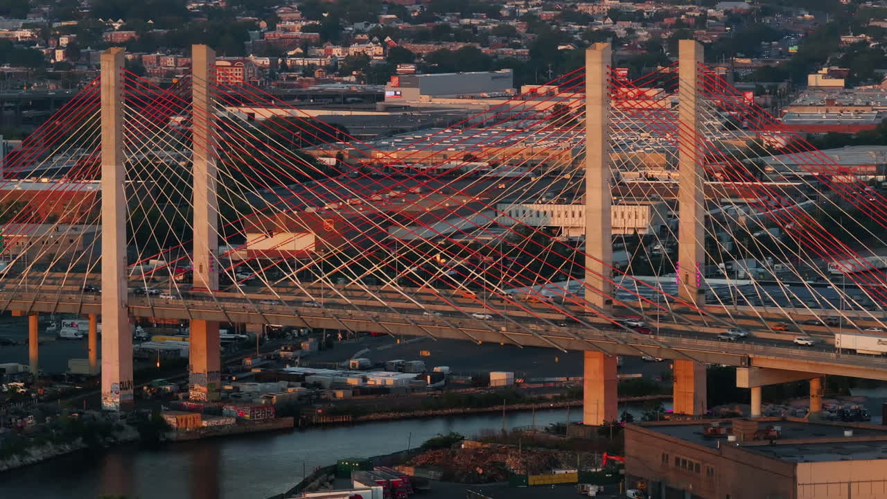 Aerial view of the Kosciuszko Bridge at sunset