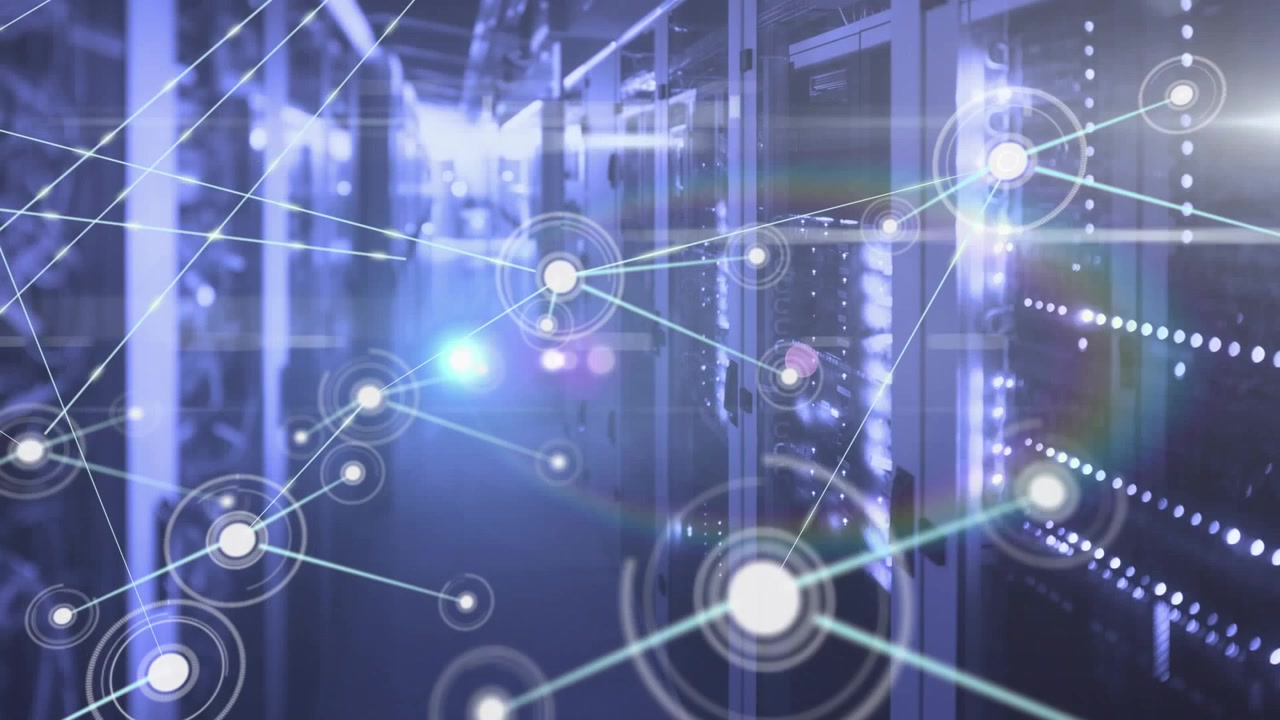Animation of connected dots with lines and lens flare against server room in background