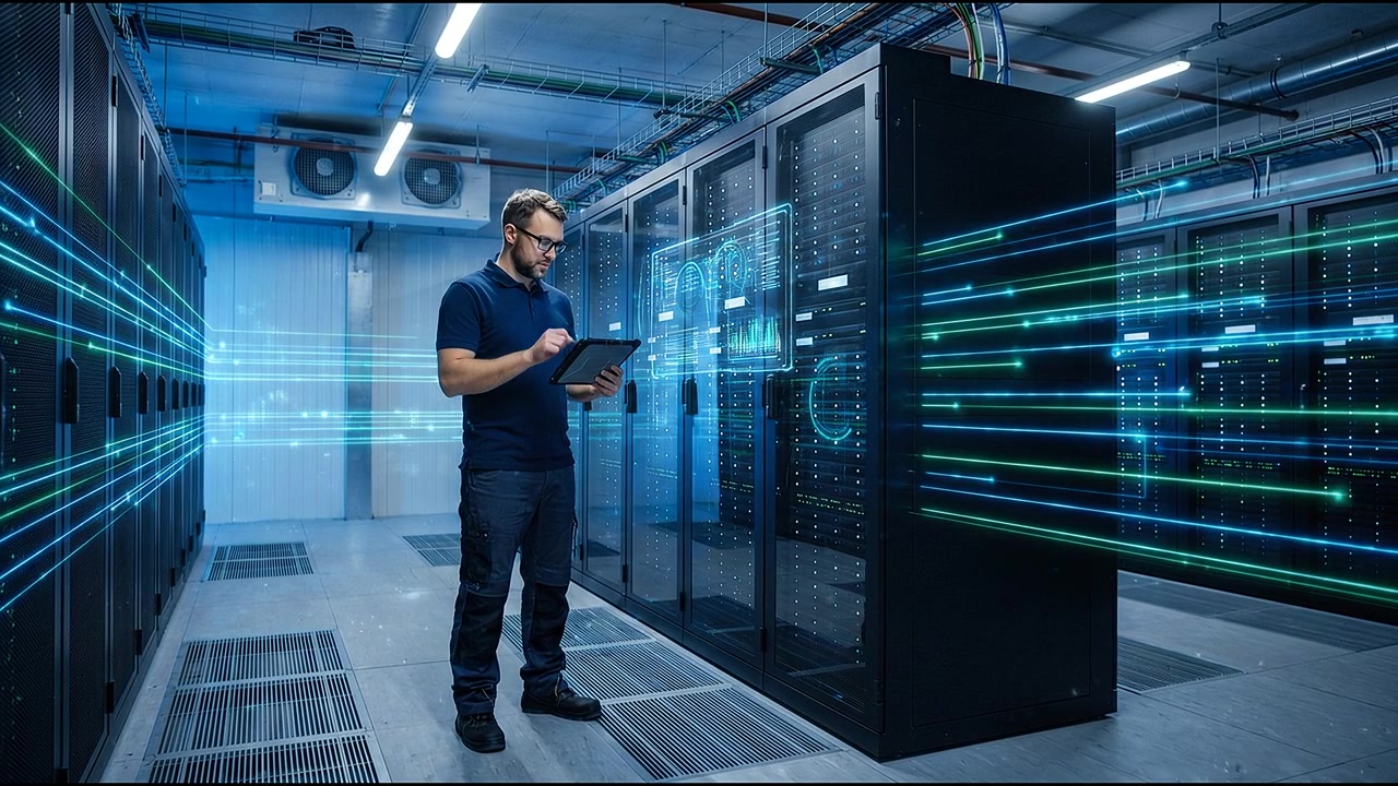 Technology professional presenting information within advanced digital infrastructure environment