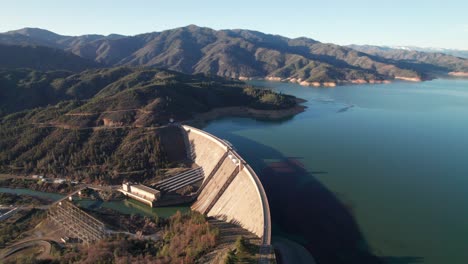 4k aerial of shasta hydroelectric dam, sacramento river, northern california