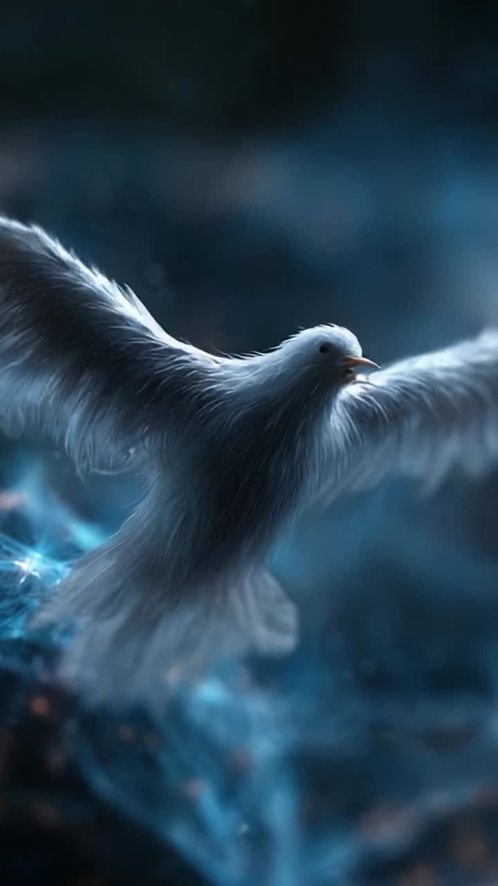 Colomba bianca maestosa in volo, che cattura lo spirito di libertà con le sue ali elegantemente spiegate su uno sfondo etereo da sogno