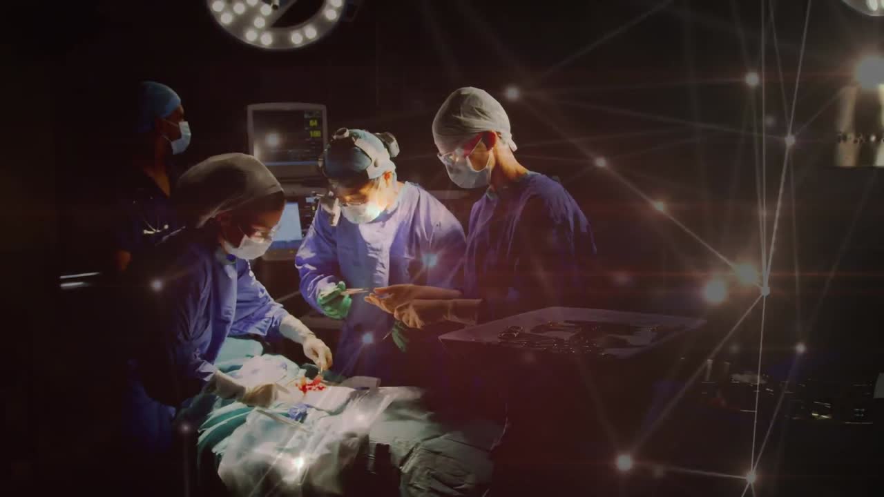 수술실의 외과 의사들 간의 연결 네트워크의 애니메이션