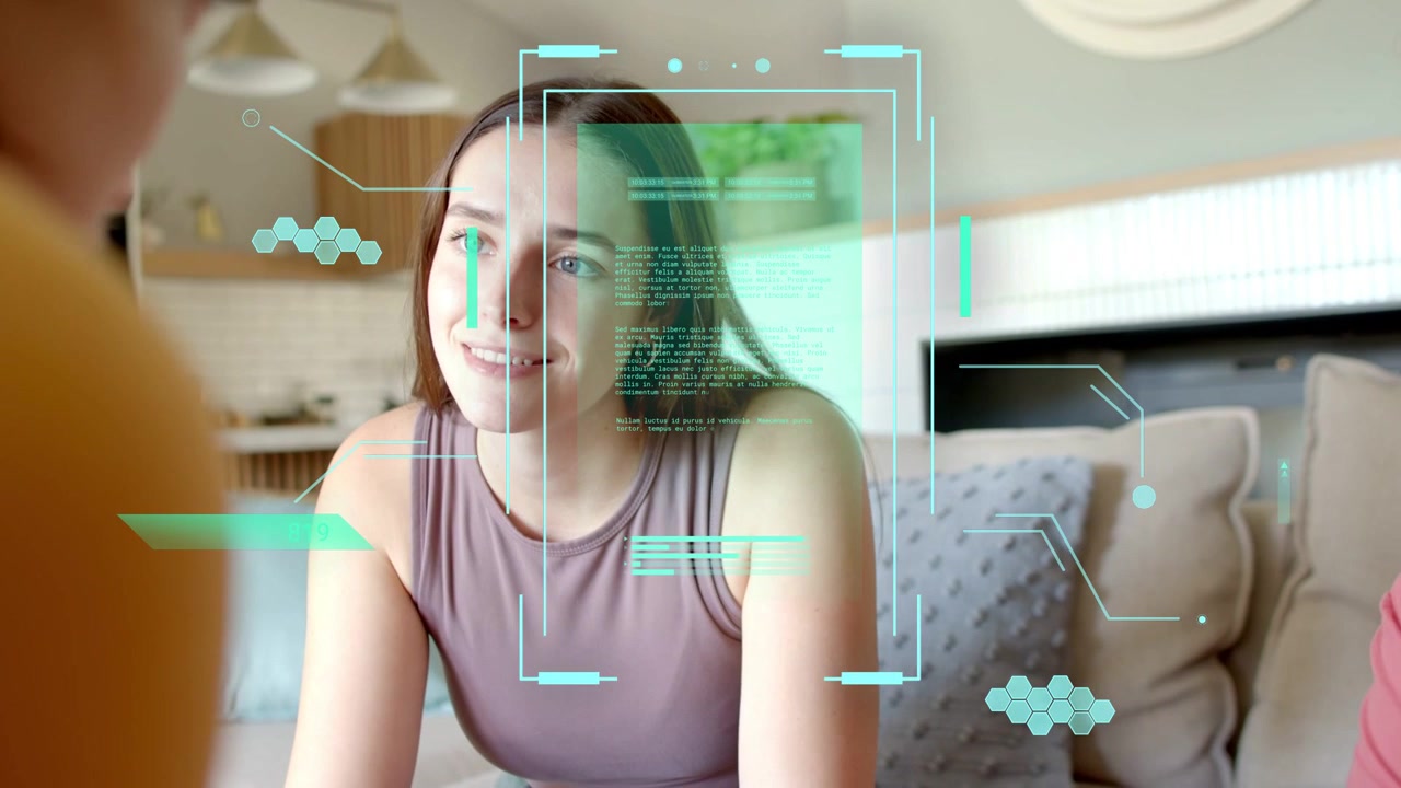 Main woman leaning forward locking gaze on sofa causing teal AR overlay while explaining tech idea