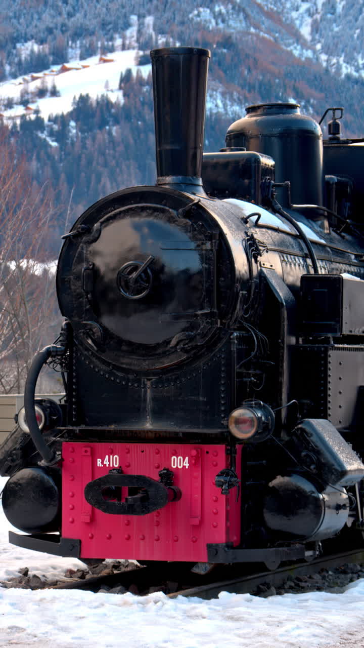 One of the locomotives preserved at the Val Gardena Railway in the Dolomites, Italy. Vertical